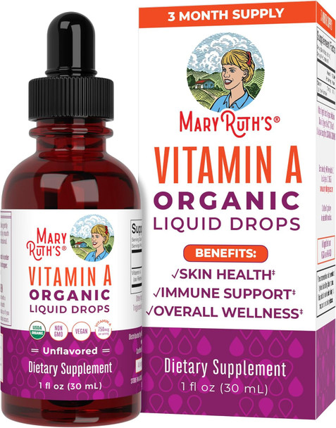 Maryruth Organics USDA Organic Vitamin A Liquid Drops | 3 Month Supply | Immune Support Eye Health Skin Health for Ages 14+ | 750mcg per Serving | Sugar | Vegan | Non-GMO | Gluten | 1oz