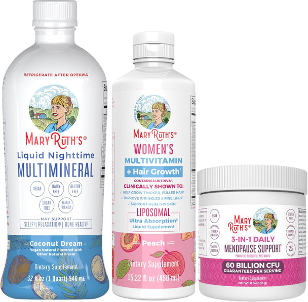 Maryruth Organics Women's Multivitamin+Lustriva Hair Growth Menopause Support & Daily Liquid Multimineral 3-Pack Bundle for Hair Support Skin Health Immune Support Gut Health and Sleep Support