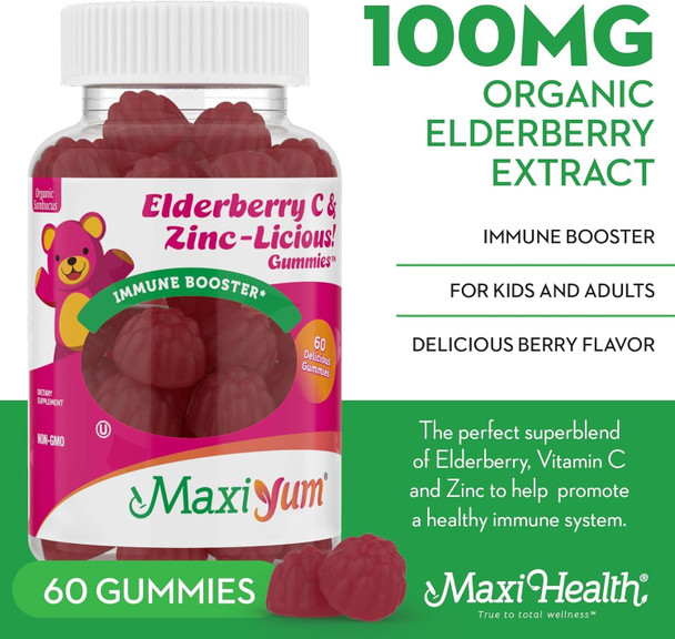 Maxi Health Elderberry Zinc Gummies - Organic Sambucus Elderberry Gummies w/Zinc and Vitamin C - Vegan Immune Support for Adults and Kids - 60 Gummies - with Green Pillbox