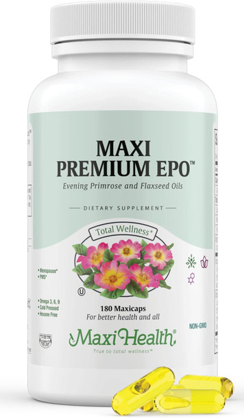 Maxi Health Evening Primrose and Flax Seeds Oil Softgels - Vegan Omega 3 6 9 Supplements for Healthy Skin Hair and Joints - Kosher Organic Evening Primrose Oil Softgels 180 Count
