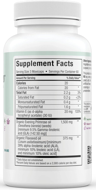Maxi Health Evening Primrose and Flax Seeds Oil Softgels - Vegan Omega 3 6 9 Supplements for Healthy Skin Hair and Joints - Kosher Organic Evening Primrose Oil Softgels 180 Count