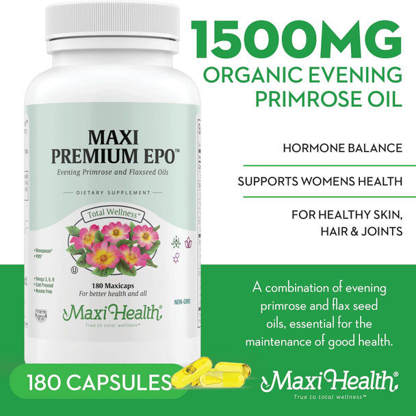 Maxi Health Evening Primrose and Flax Seeds Oil Softgels - Vegan Omega 3 6 9 Supplements for Healthy Skin Hair and Joints - Kosher Organic Evening Primrose Oil Softgels 180 Count