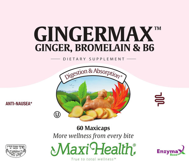 Maxi Health Gingermax - Ginger - Bromelain & Vitamin B6 - Digestion Health - 60 Capsules - Kosher