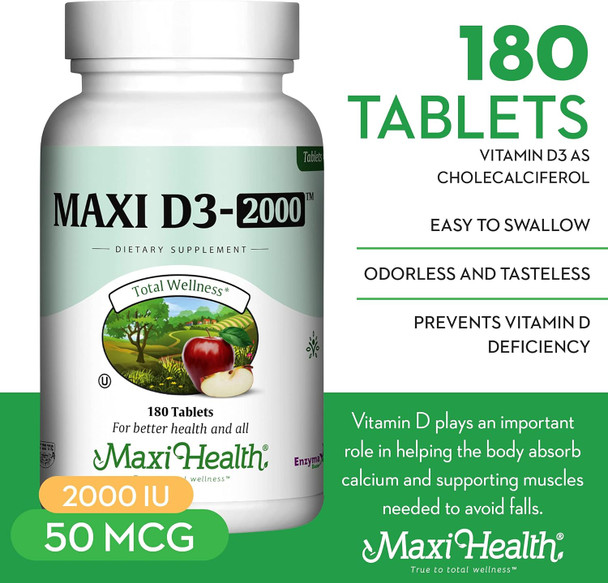 Maxi Health Kosher Vitamin D3 2000IU - Highly Absorbable Vitamin D Supplements for Healthy Immune Response Calcium Absorption Teeth & Bone Health - VIT D3 Vitamin 2000 IU - Vitamin D 3 - VIT D 3-180 Tablets