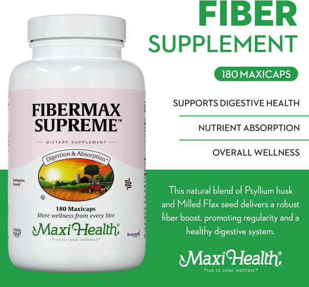 Maxi Health Maxi Fiber for Adults - Kosher Daily Fiber Supplement - 1500 mg Fiber Capsules for Men and Women with Psyllium Husk - Dietary Fiber Pills (180 Count)