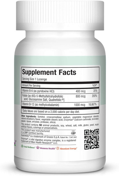 Maxi Health Methyl Folate Lozenges with B12 & B6 Flavored Memory Cardiovascular Health Hormone & Immune Support Gluten Kosher Berry 90 Count