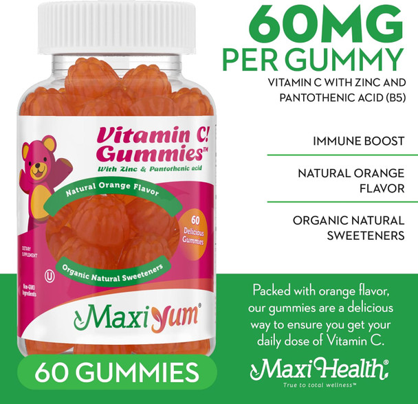 Maxi Health Vitamin C Gummies with Zinc - Vitamin C with Zinc for Children and Adults - Respiratory Support and Immune Booster - No Preservatives and Artificial Flavors - 60 Fruit Shaped Gummies Maxi Health Vitamin C Gummies with Zinc - Vitamin C with Zinc for Children and Adults - Respiratory Support and Immune Booster - No Preservatives and Artificial Flavors - 60 Fruit Shaped Gummies