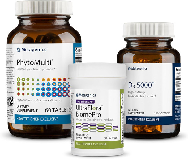 Metagenics PhytoMulti Without Iron - 60 Tablets D3 5000-120 Softgels and UltraFlora BiomePro - 30 Capsules