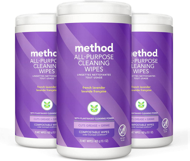 Method All-Purpose Cleaning Wipes French Lavender Multi-Surface Compostable 70 Count (Pack of 3)