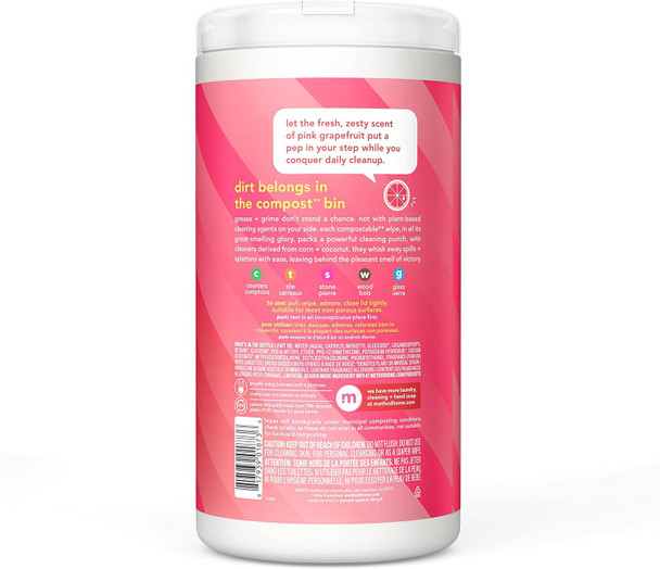 Method All-Purpose Cleaning Wipes Pink Grapefruit Multi-Surface Compostable 70 Count (Pack of 3)