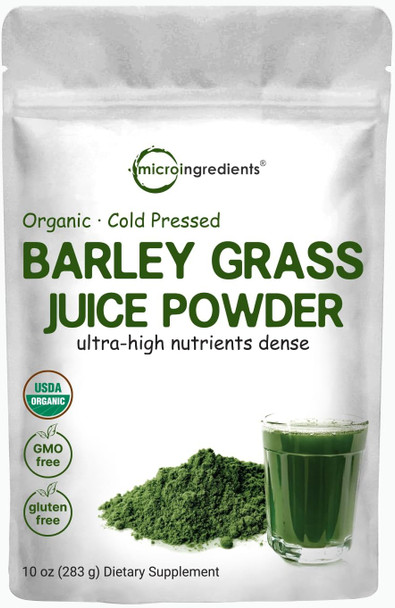 Micro Ingredients Organic Barley Grass Juice Powder 10 Ounce Cold Pressed US Grown Rich in Immune Vitamin Fibers Minerals Antioxidants and Protein Support Immune System and Digestion Vegan