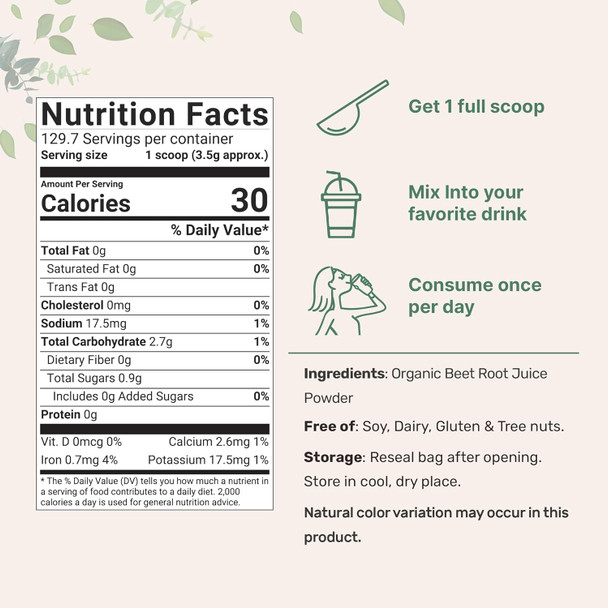 Micro Ingredients Organic Beet Root Powder 1 Pound Cold Pressed and Water Soluble Beet Juice Pre-Workout Concentrated Powder Energy & Immune System Support Non-GMO