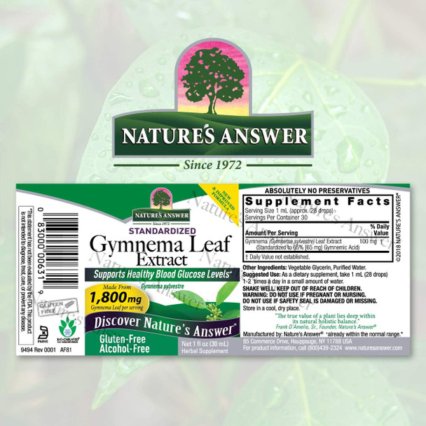 Nature'S Answer Alcohol- Gymnema Leaf 1oz Extract | Gluten- | Non-GMO | Vegan | No Artificial Flavors or Preservatives | Single Count