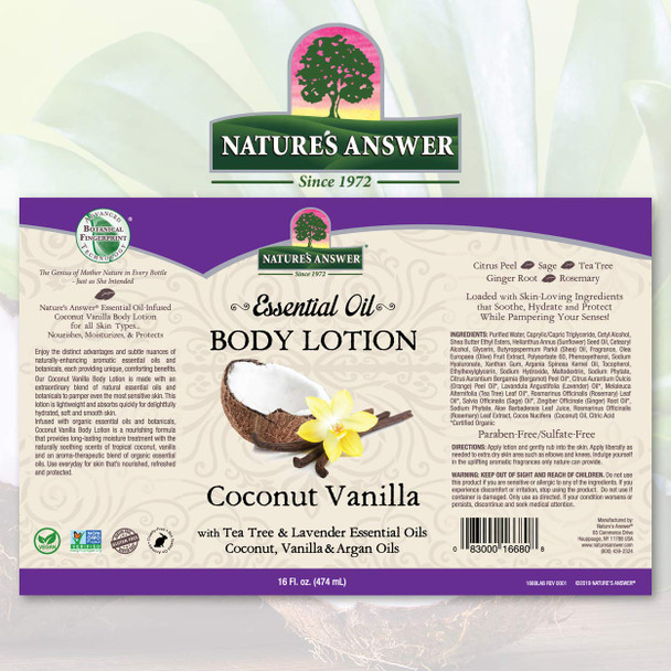 Nature'S Answer Coconut Vanilla Body Lotion With Pump Pure Essential Oil All Natural Vegan Gluten Non GMO 16 FL Oz | For Sensitive Skin | Natural Exfoliation