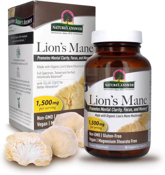 Nature'S Answer Lions Mane Mushroom Powder 1500 mg 90-Capsules | Brain Mushroom Supplement | Promotes Focus Memory Mental Clarity | Vegan Non-GMO | Single Count