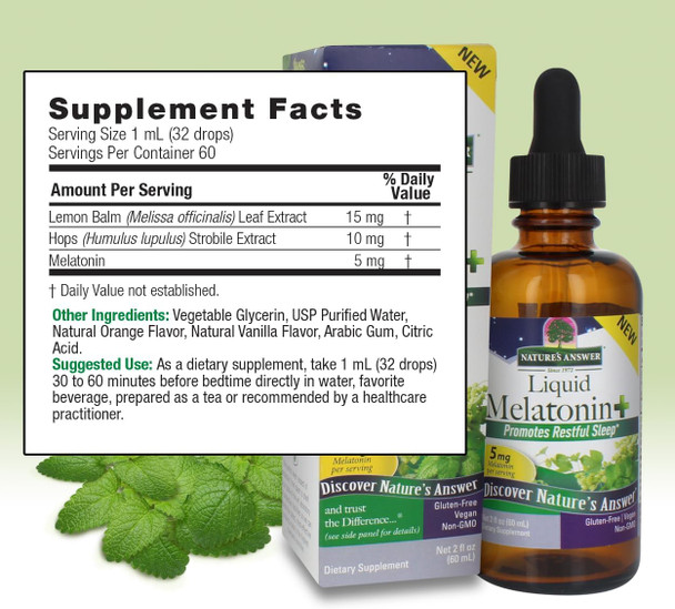 Nature'S Answer Melatonin Plus Lemon Balm & Hops 2 Ounce Liquid | Promotes Relaxation | Supports Sleep | Non GMO | Gluten | Vegan |