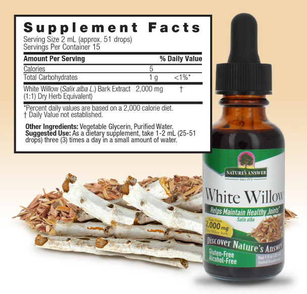 Nature'S Answer Natures Answer White Willow Bark Extract 1 Ounce - Alcohol Non GMO Gluten Vegetarian - Daily Supplement for Joint Support & Function - Made in The USA Organic White Willow Bark Nature'S Answer Natures Answer White Willow Bark Extract 1 Ounce - Alcohol Non GMO Gluten Vegetarian - Daily Supplement for Joint Support & Function - Made in The USA Organic White Willow Bark