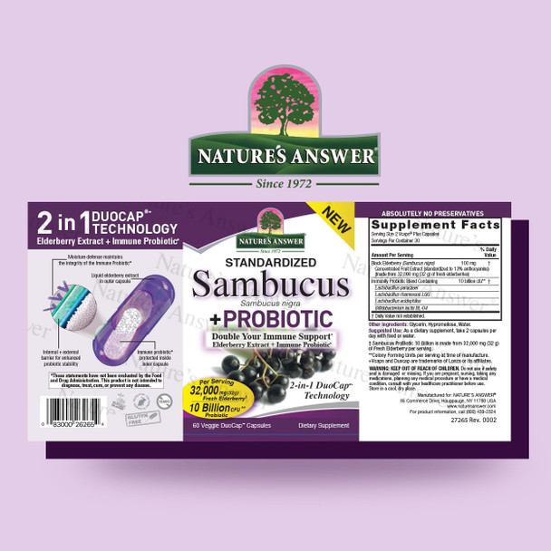 Nature'S Answer Sambucus + Probiotic | 32000mg Standardized Fresh Elderberry Duo Cap with 10 Billion CFU Probiotic | Gluten- Non-GMO | 60-Capsules | Single Count