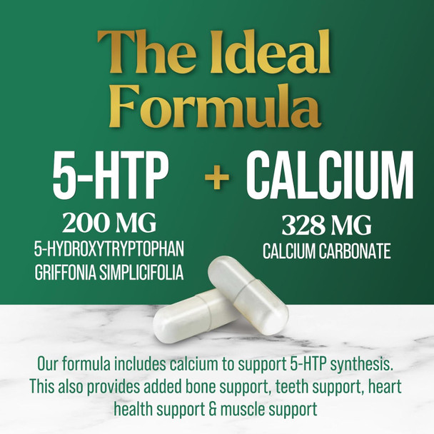 Nature'S Nutrition 5 HTP Supplement Vegetarian Capsules 200mg 5HTP Plus Calcium for Brain Support - Extra Strength Griffonia Simplicifolia 5-HTP Formula - 5 Hydroxytryptophan - Gluten & Non-GMO - 120 Capsules