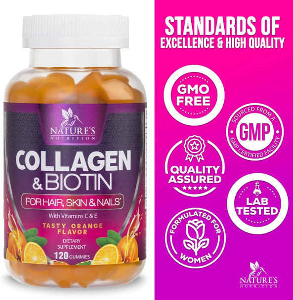 Nature'S Nutrition Collagen Peptides - Hair Supplements for Hair Growth Support Women & Men with Biotin Vitamin C Naturally Support Joint Health & Hair Skin & Nail Growth Collagen Gummies Hair Supplement - 120 Count