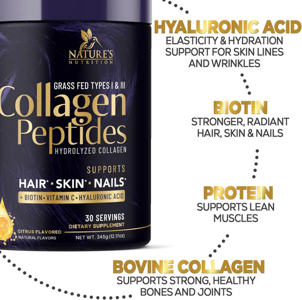 Nature'S Nutrition Collagen Peptides Powder With Hyaluronic Acid and Biotin Citrus Flavored 10g Grass Fed Collagen Powder for Women with Type I & III Collagen Supplements Hair Nail Skin & Joint Support - 30 Servings