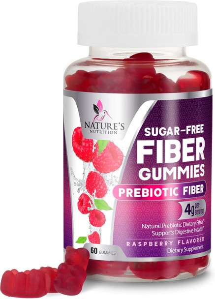 Nature'S Nutrition Fiber Supplement Gummies for Digestive Health & Regularity Support Sugar- 4g Fiber Gummy for Adults Daily Probiotic Supplements Natural Prebiotic Fiber Gummy Plant Based - 60 Gummies