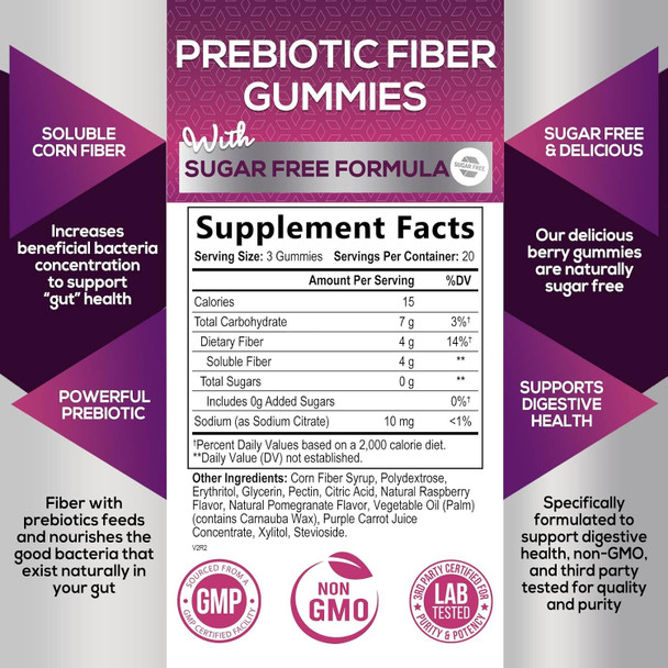Nature'S Nutrition Fiber Supplement Gummies for Digestive Health & Regularity Support Sugar- 4g Fiber Gummy for Adults Daily Probiotic Supplements Natural Prebiotic Fiber Gummy Plant Based - 60 Gummies