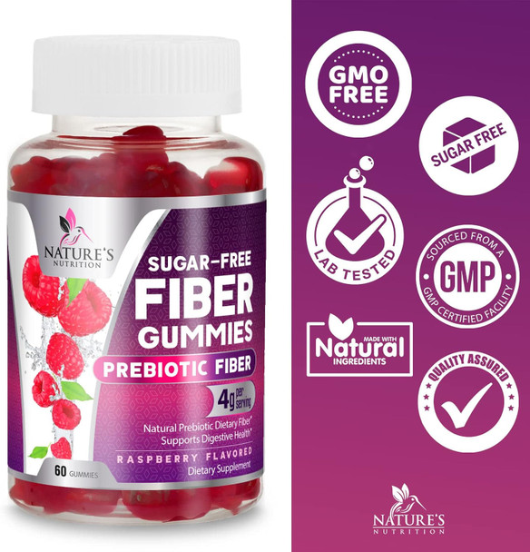 Nature'S Nutrition Fiber Supplement Gummies for Digestive Health & Regularity Support Sugar- 4g Fiber Gummy for Adults Daily Probiotic Supplements Natural Prebiotic Fiber Gummy Plant Based - 60 Gummies