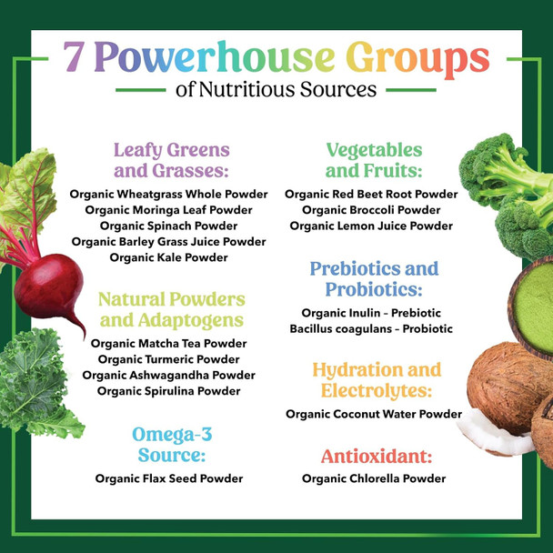 Nature'S Nutrition Greens Superfood Powder - Original Organic Greens Smoothie & Juice Mix Powder Antioxidants & Probiotics Spirulina Chlorella Beet Root Whole Foods Digestive & Energy Health Support - 28 Servings