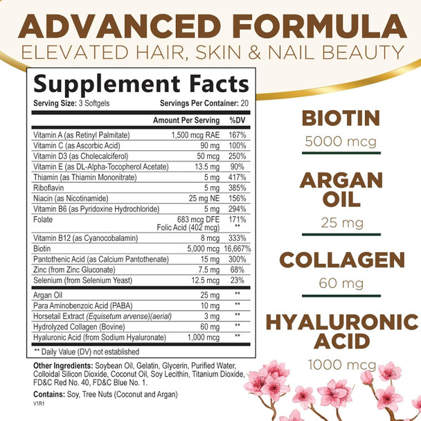 Nature'S Nutrition Hair Vitamins for Women Ultra Strength 5000mcg Biotin Collagen & More - Premium Hair Growth Skin Nails & Keratin Support Supplement Infused with Argan Oil & Hyaluronic Acid Non-GMO - 60 Softgels