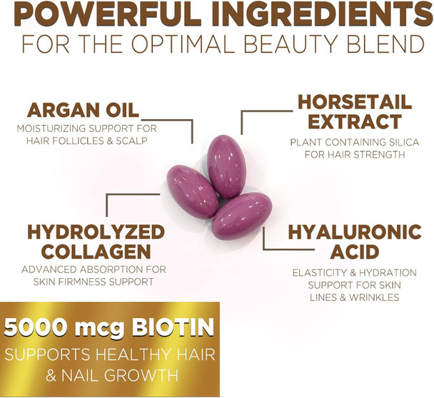 Nature'S Nutrition Hair Vitamins for Women Ultra Strength 5000mcg Biotin Collagen & More - Premium Hair Growth Skin Nails & Keratin Support Supplement Infused with Argan Oil & Hyaluronic Acid Non-GMO - 60 Softgels