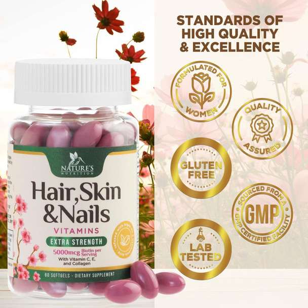Nature'S Nutrition Hair Vitamins for Women Ultra Strength 5000mcg Biotin Collagen & More - Premium Hair Growth Skin Nails & Keratin Support Supplement Infused with Argan Oil & Hyaluronic Acid Non-GMO - 60 Softgels