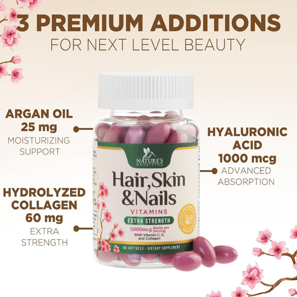 Nature'S Nutrition Hair Vitamins for Women Ultra Strength 5000mcg Biotin Collagen & More - Premium Hair Growth Skin Nails & Keratin Support Supplement Infused with Argan Oil & Hyaluronic Acid Non-GMO - 60 Softgels