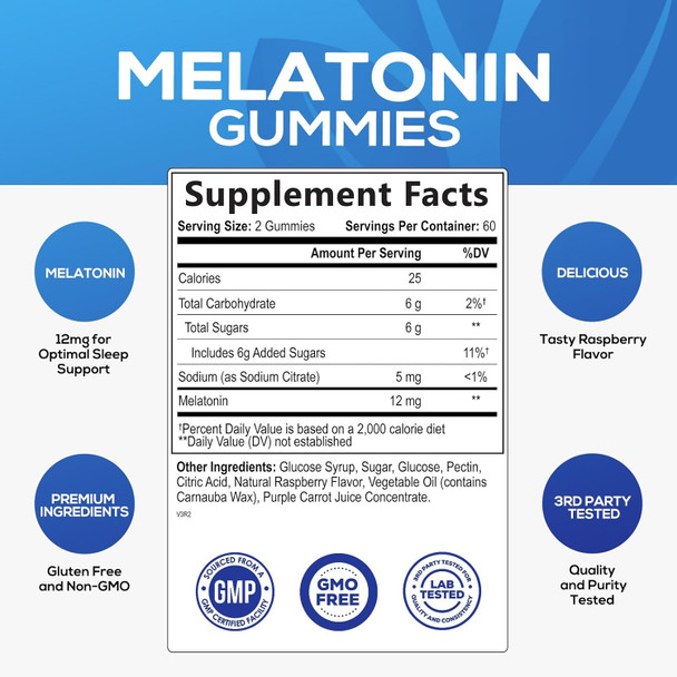 Nature'S Nutrition Melatonin Sleep Gummies - Extra Strength Sleep Gummy 12 mg Melatonin Natural Melatonin Gummy Sleeping Support Dietary Supplement for Adults Vegan Non-GMO Natural Berry Flavor - 120 Sleep Gummies