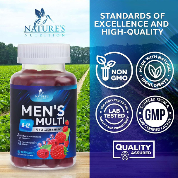 Nature'S Nutrition Men Multi Vitamin Gummy - Multi-Vitamin for Men Daily Nutritional Support with Vitamins A C D E B12 Zinc Folate Biotin & More - Energy Memory Focus & Immune Health Support - 60 Gummies