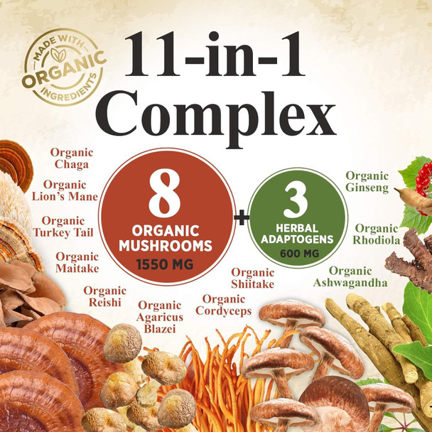 Nature'S Nutrition Organic Mushroom Powder Supplement - 11 in 1 Complex Powder Lions Mane Cordyceps Reishi Chaga Shiitake Turkey Tail Maitake Mushrooms & More Active Blend Immune & Energy Support - 60 Servings