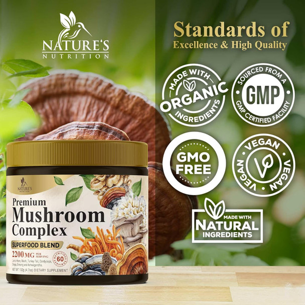 Nature'S Nutrition Organic Mushroom Powder Supplement - 11 in 1 Complex Powder Lions Mane Cordyceps Reishi Chaga Shiitake Turkey Tail Maitake Mushrooms & More Active Blend Immune & Energy Support - 60 Servings