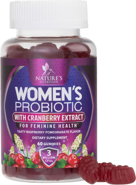 Nature'S Nutrition Probiotic Gummy for Women - Digestive Health Support 3 Billion CFU Womens Probiotic for Vaginal pH Urinary & Immune Support 6 Diverse Strains w/ Cranberry Non-GMO Probiotics - 60 Gummies