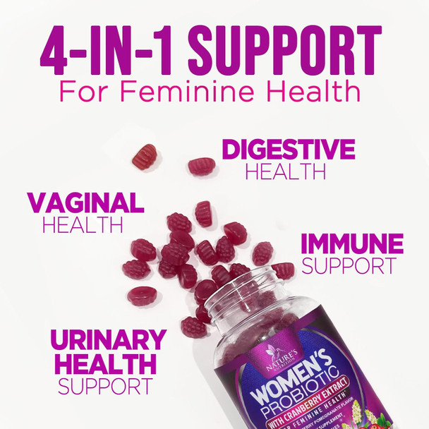 Nature'S Nutrition Probiotic Gummy for Women - Digestive Health Support 3 Billion CFU Womens Probiotic for Vaginal pH Urinary & Immune Support 6 Diverse Strains w/ Cranberry Non-GMO Probiotics - 60 Gummies