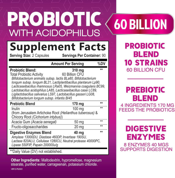 Nature'S Nutrition Probiotics 60 Billion CFU per Serving Probiotic with Prebiotics for Digestive & Immune Health Support for Women & Men - Nature's Supplement is Shelf Stable Soy Dairy & Gluten - 180 Capsules