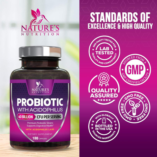 Nature'S Nutrition Probiotics 60 Billion CFU per Serving Probiotic with Prebiotics for Digestive & Immune Health Support for Women & Men - Nature's Supplement is Shelf Stable Soy Dairy & Gluten - 180 Capsules