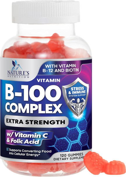 Nature'S Nutrition Super B Complex Gummies with Vitamin C & Folic Acid Extra Strength Vitamin B Gummy Supplement with Niacin B6 Folic Acid B12 Biotin Nature's Energy Immune Support Supplements - 120 Gummies