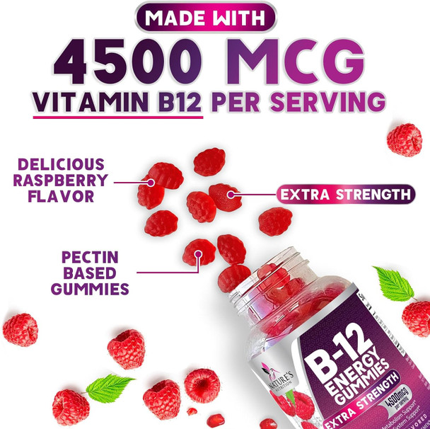 Nature'S Nutrition Vitamin B12 Energy Gummies - Extra Strength 4500mcg Chewable for Energy & Nervous System Health Support B-12 Complex Gummy Vitamin for Women Men Kids - Non-GMO Vegan Berry Flavor - 120 Gummies