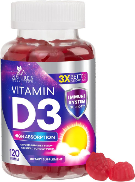 Nature'S Nutrition Vitamin D3 Gummy Vitamins Extra Strength 5000 IU (125 mcg) High Potency Vita D Gummies Dietary Supplement - Bone Teeth Muscle & Immune Support Nature's Vitamin D Supplement Non-GMO - 120 Gummies