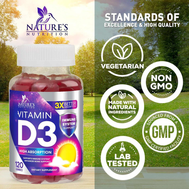 Nature'S Nutrition Vitamin D3 Gummy Vitamins Extra Strength 5000 IU (125 mcg) High Potency Vita D Gummies Dietary Supplement - Bone Teeth Muscle & Immune Support Nature's Vitamin D Supplement Non-GMO - 120 Gummies