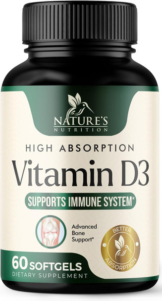 Nature'S Nutrition Vitamin D3 Supplement 5000iu (125 mcg) - High Potency Vitamin D Dietary Supplement for Bone Teeth Muscle and Immune Health Support - Rapid Absorption D3 Softgel Non-GMO Gluten - 60 Softgels