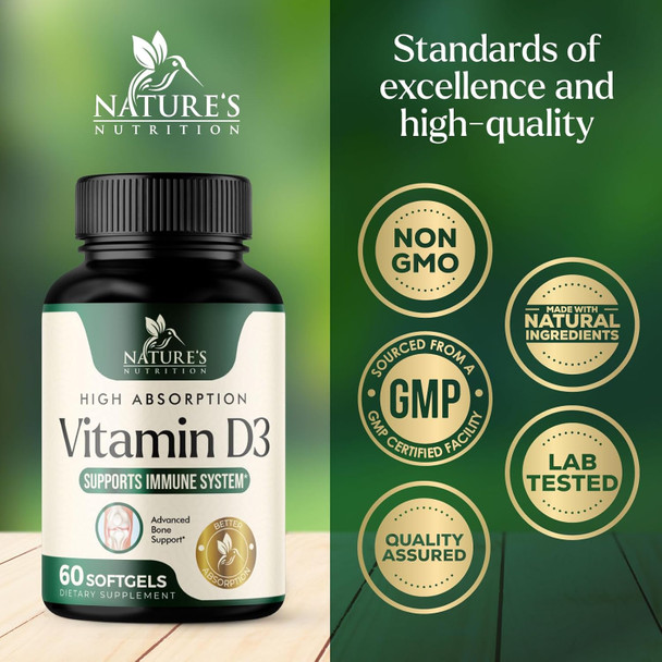 Nature'S Nutrition Vitamin D3 Supplement 5000iu (125 mcg) - High Potency Vitamin D Dietary Supplement for Bone Teeth Muscle and Immune Health Support - Rapid Absorption D3 Softgel Non-GMO Gluten - 60 Softgels