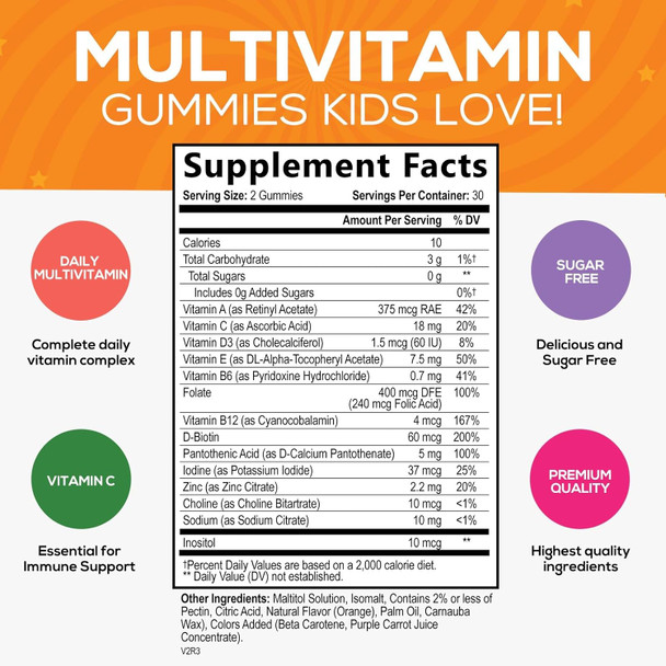 Nature'S Nutrition Vitamins for Kids Multivitamin Gummy Childrens Vitamins Sugar- Overall Health & Immune Support Vitamin C B6 B12 D3 & Zinc Chewable Kids Multi Supplement Orange Flavor Non-GMO - 60 Gummies