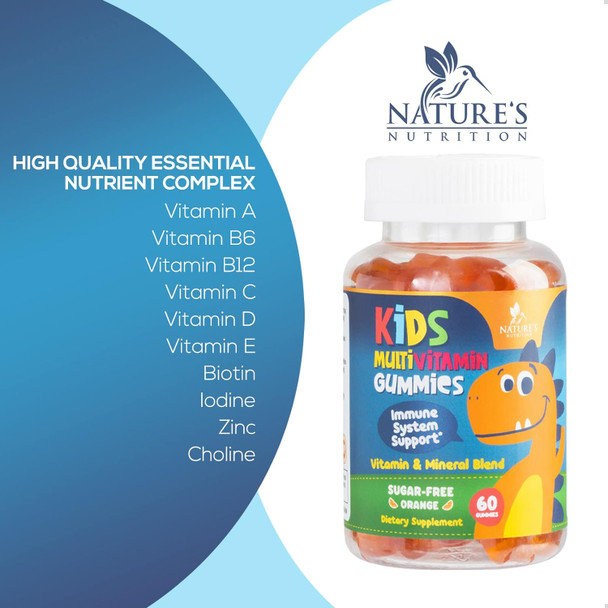Nature'S Nutrition Vitamins for Kids Multivitamin Gummy Childrens Vitamins Sugar- Overall Health & Immune Support Vitamin C B6 B12 D3 & Zinc Chewable Kids Multi Supplement Orange Flavor Non-GMO - 60 Gummies