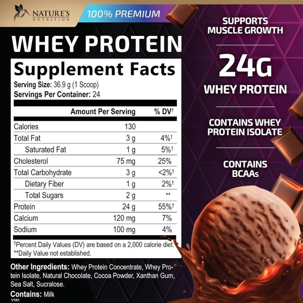 Nature'S Nutrition Whey Protein Powder 24g - Chocolate Ice Cream Whey Isolate Protein for Muscle Growth Support - Premium Whey Powder for Fast Absorbing and Easy Digesting for Men and Women Gluten - 24 Servings